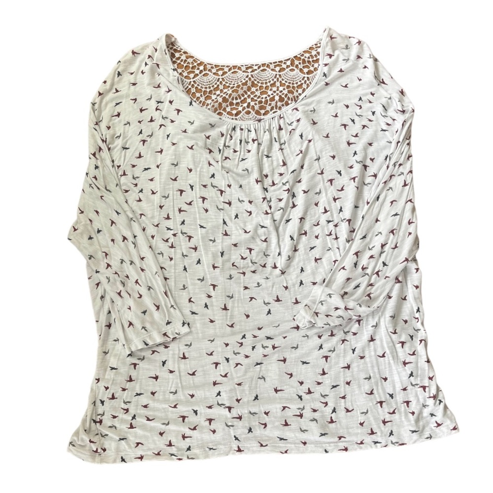 Revolution by Ricki’s White Top with Bird Pattern and Lace Back